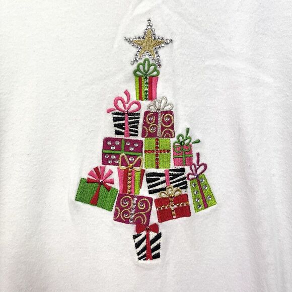 Quacker Factory White Embroidered Rhinestone Christmas Tree Knit Top Size 2X - Picture 4 of 11